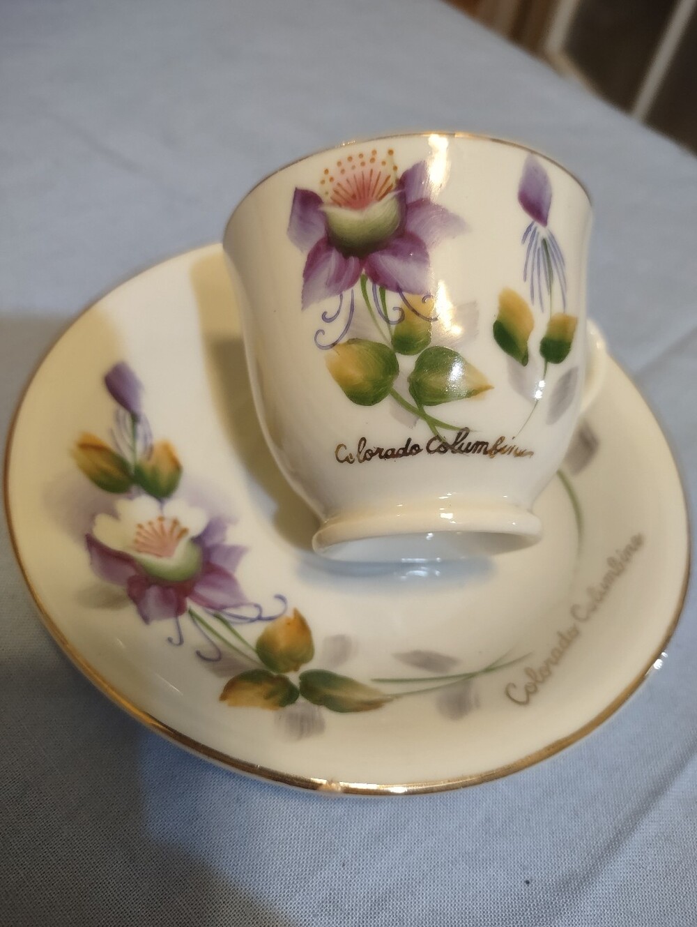 Colorado Columbine Hand-Painted Demitasse Cup & Saucer - Purple Floral Japan